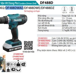 Makita DF488DWAE MÁY KHOAN VÀ VẶN VÍT DÙNG PIN (kèm 02 pin 2.0+ sạc)