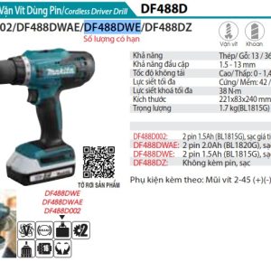 Makita DF488DWE MÁY KHOAN VÀ VẶN VÍT DÙNG PIN(BL1815G*2+ (kèm 02 pin + sạc)