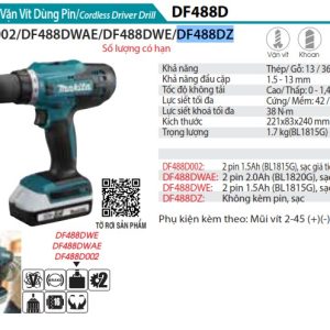 Makita DF488DZ MÁY KHOAN VÀ VẶN VÍT DÙNG PIN(18V) (không kèm pin sạc)