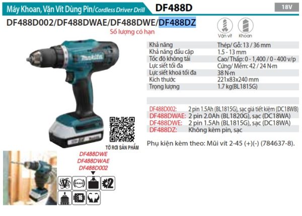 Makita DF488DZ MÁY KHOAN VÀ VẶN VÍT DÙNG PIN(18V) (không kèm pin sạc)