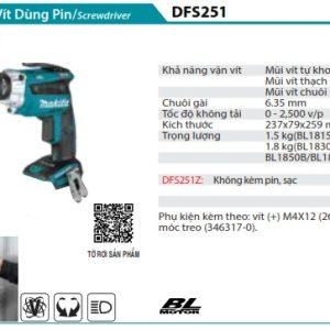 Makita DFS251Z MÁY VẶN VÍT DÙNG PIN(BL)(18V) (không kèm pin sạc)