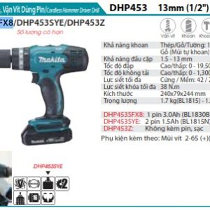 Makita DHP453SFX8 MÁY KHOAN BÚA VÀ VẶN VÍT DÙNG PIN(18V) (kèm 01 pin 3.0 + sạc)