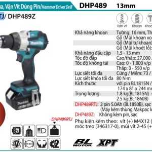 Makita DHP489RTJ MÁY KHOAN BÚA, VẶN VÍT DÙNG PIN(BL)(18V) (kèm 02 pin 5.0 + sạc)