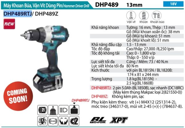 Makita DHP489RTJ MÁY KHOAN BÚA, VẶN VÍT DÙNG PIN(BL)(18V) (kèm 02 pin 5.0 + sạc)