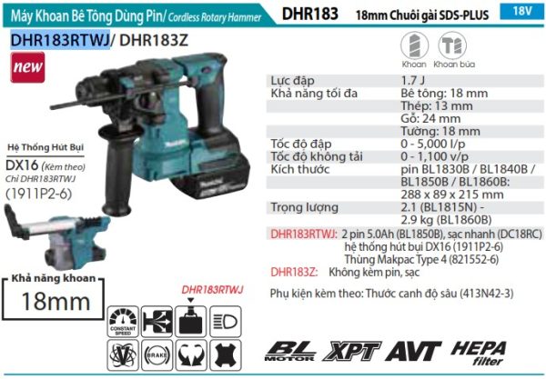 Makita DHR183RTWJ MÁY KHOAN BÊ TÔNG DÙNG PIN(CHUÔI GÀI SDS'-PLUS/18MM/BL)(18V)