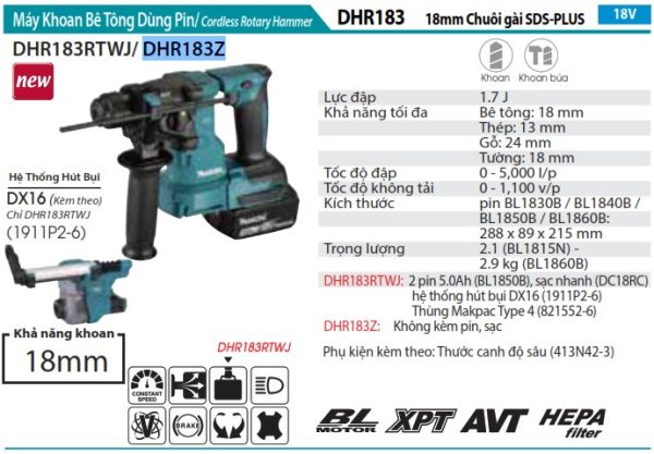 Makita DHR183Z MÁY KHOAN BÊ TÔNG DÙNG PIN(CHUÔI GÀI SDS'-PLUS/18MM/BL)(18V)