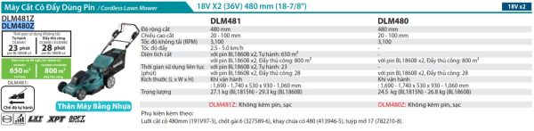 Makita DLM480Z MÁY CẮT CỎ ĐẨY DÙNG PIN(480MM)(18VX2) (không kèm pin sạc)