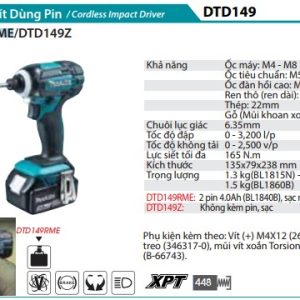 Makita DTD149RME MÁY BẮT VÍT DÙNG PIN(18V) (kèm 02 pin 4.0Ah + sạc nhanh)