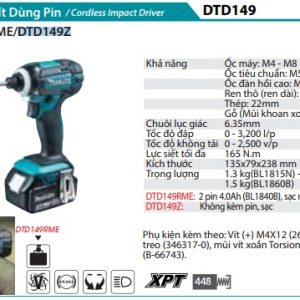 Makita DTD149Z MÁY BẮT VÍT DÙNG PIN(18V) (không kèm pin sạc)