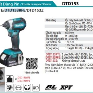 Makita DTD153RFE MÁY BẮT VÍT DÙNG PIN(BL)(18V) (kèm 02 pin 3.0 + sạc nhanh)