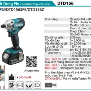 Makita DTD156SF1J MÁY BẮT VÍT DÙNG PIN(BL1830B*1+DC18SD+ (kèm 01 pin 3.0 + sạc)