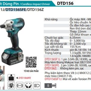 Makita DTD156SFE MÁY BẮT VÍT DÙNG PIN(BL1830B*2+DC18SD+ (kèm 02 pin 3.0 + sạc)