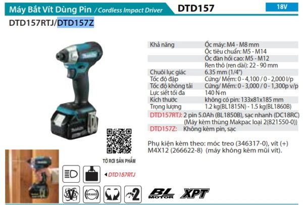 Makita DTD157Z MÁY BẮT VÍT DÙNG PIN(BL)(18V) (không kèm pin sạc)