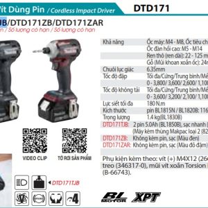 Makita DTD171TJB MÁY BẮT VÍT DÙNG PIN(BL)(18V) (kèm 02 pin 5.0 + sạc nhanh)