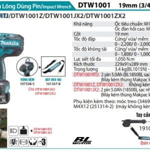 Makita DTW1001RTJ MÁY SIẾT BU LÔNG DÙNG PIN(19MM/BL)(18V) (kèm 02 pin 5.0 + sạc nhanh)