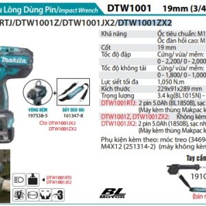 Makita DTW1001Z MÁY SIẾT BU LÔNG DÙNG PIN(19MM/BL)(18V) (không kèm pin sạc)