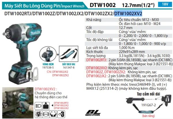 Makita DTW1002XV2 MÁY SIẾT BU LÔNG DÙNG PIN(12.7MM/DÂY ĐEO (Không kèm pin sạc)