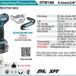 Makita DTW180RFE MÁY SIẾT BU LÔNG DÙNG PIN(9.5MM/BL)(18V) (kèm 02 pin 3.0 + sạc nhanh)