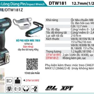 Makita DTW181RFE MÁY SIẾT BU LÔNG DÙNG PIN(12.7MM/BL) (kèm 02 pin 3.0 + sạc nhanh)