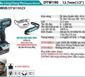 Makita DTW190RFJX MÁY SIẾT BU LÔNG DÙNG PIN(12.7MM (kèm 02 pin 3.0 + sạc nhanh)