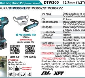 Makita DTW300RTJ MÁY SIẾT BU LÔNG DÙNG PIN(12.7MM/BL)(18V (kèm 02 pin 5.0 + sạc nhanh)