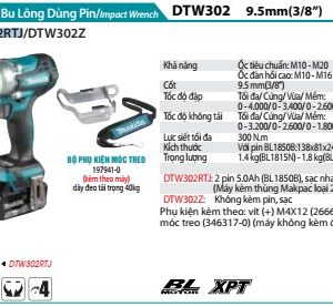 Makita DTW302RTJ MÁY SIẾT BU LÔNG DÙNG PIN(9.5MM/ (kèm 02 pin 5.0 + sạc nhanh)