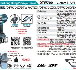 Makita DTW700RTJ MÁY SIẾT BU LÔNG DÙNG PIN(12.7MM/BL)(18V (kèm 02 pin 5.0 + sạc nhanh)