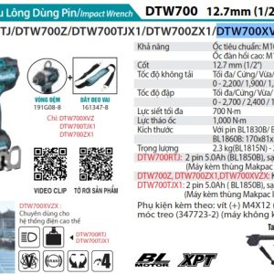 Makita DTW700XVZX MÁY SIẾT BU LÔNG DÙNG PIN(12.7MM/DÂY ĐEO (không kèm pin sạc)