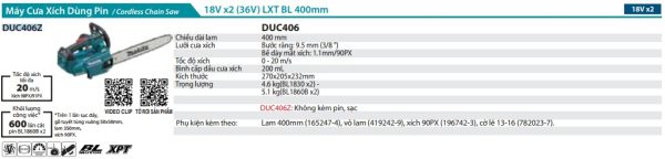 Makita DUC406Z002 MÁY CƯA XÍCH DÙNG PIN(400MM/80TXL/BL)(18