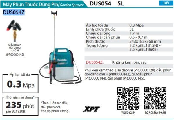 Makita DUS054Z MÁY PHUN THUỐC DÙNG PIN(5L)(18V) (không kèm pin sạc)