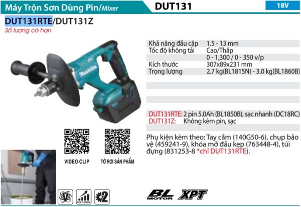 Makita DUT131RTE MÁY TRỘN SƠN DÙNG PIN(BL)(18V) (kèm 02 pin 5.0 + sạc nhanh)