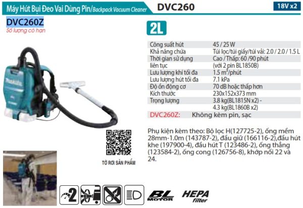 Makita DVC260Z MÁY HÚT BỤI ĐEO VAI DÙNG PIN(HEPA/BL) (không kèm pin sạc)