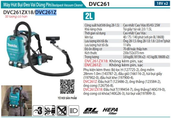 Makita DVC261Z MÁY HÚT BỤI ĐEO VAI DÙNG PIN(HEPA/BL) (không kèm pin sạc)