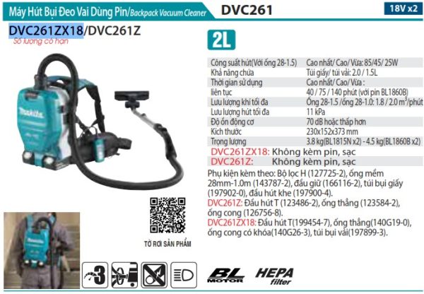 Makita DVC261ZX18 MÁY HÚT BỤI ĐEO VAI DÙNG PIN(HEPA/BL)(18 (không kèm pin sạc)