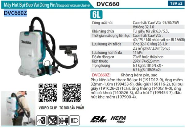 Makita DVC660Z MÁY HÚT BỤI ĐEO VAI DÙNG PIN(HEPA/BL)(18 (không kèm pin sạc)