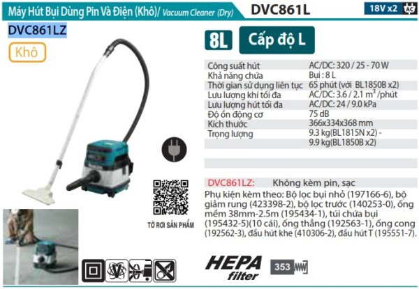 Makita DVC861LZ MÁY HÚT BỤI DÙNG ĐIỆN VÀ PIN(HEPA) (không kèm pin sạc)