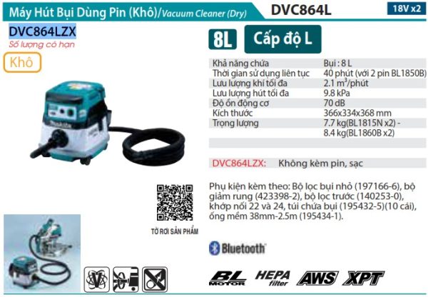 Makita DVC864LZX MÁY HÚT BỤI DÙNG PIN(HEPA/AWS/BL)(18VX2) (không kèm pin sạc)