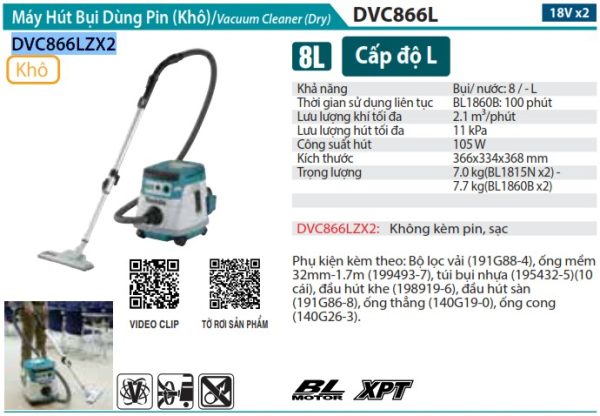 Makita DVC866LZX2 MÁY HÚT BỤI DÙNG PIN(BL)(18Vx2) (không kèm pin sạc)