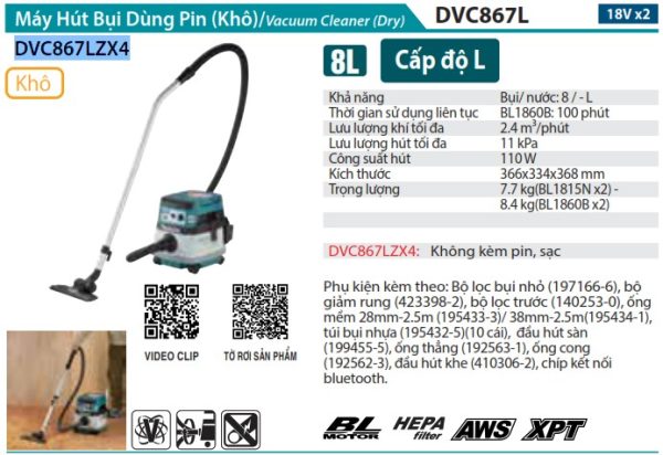 Makita DVC867LZX4 MÁY HÚT BỤI DÙNG PIN(HEPA/AWS/BL)(18VX2) (không kèm pin sạc)