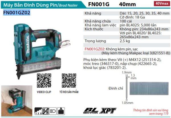 Makita FN001GZ02 MÁY BẮN ĐINH DÙNG PIN(40MM/BL)(40V MAX) (không kèm pin sạc)