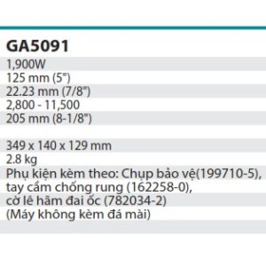 Makita GA5091X02 MÁY MÀI GÓC(125MM/1900W/CÔNG TẮC TRƯỢT)