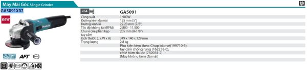 Makita GA5091X02 MÁY MÀI GÓC(125MM/1900W/CÔNG TẮC TRƯỢT)