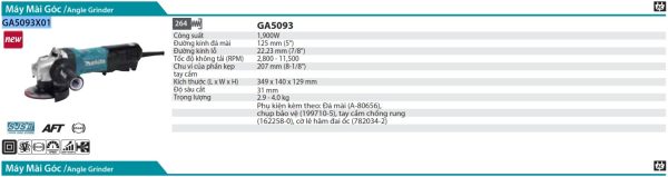 Makita GA5093X01 MÁY MÀI GÓC(125MM/1900W/CÔNG TẮC BÓP)