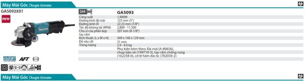 Makita GA5095X01 MÁY MÀI GÓC(125MM/1900W/CÔNG TẮC BÓP)