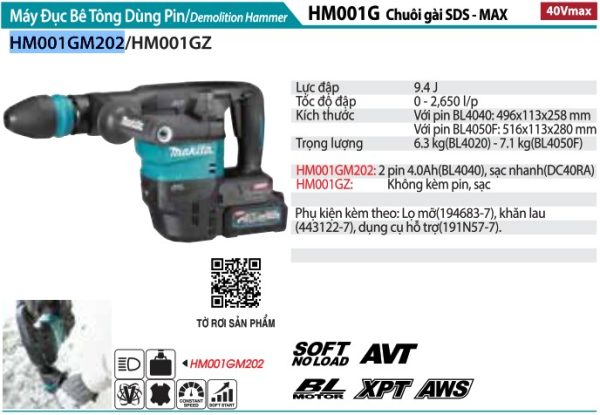 Makita HM001GM202 MÁY ĐỤC BÊ TÔNG DÙNG PIN(CHUÔI GÀI SDS-M (kèm 2 pin 4.0+ sạc nhanh)