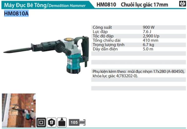 Makita HM0810A MÁY ĐỤC BÊ TÔNG(CHUÔI LỤC GIÁC 17MM)