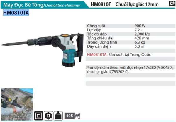 Makita HM0810TA MÁY ĐỤC BÊ TÔNG(CHUÔI LỤC GIÁC 17MM)