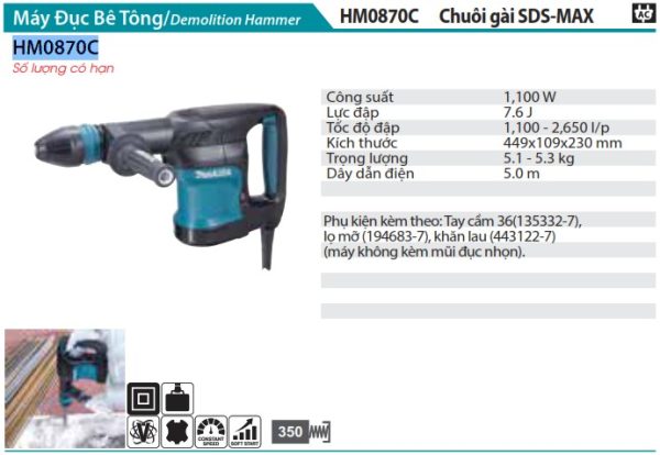 Makita HM0870C MÁY ĐỤC BÊ TÔNG(CHUÔI GÀI SDS-MAX)