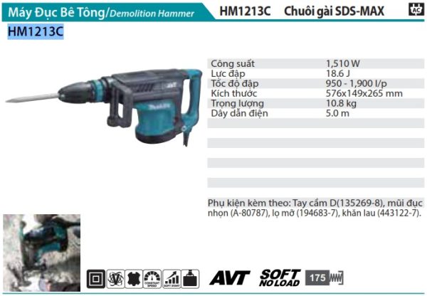 Makita HM1213C MÁY ĐỤC BÊ TÔNG(CHUÔI GÀI SDS-MAX)