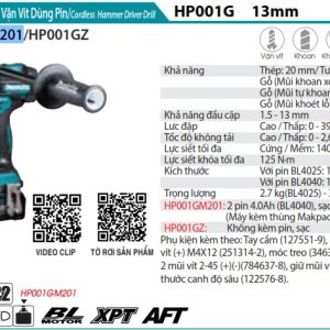 Makita HP001GM201 MÁY KHOAN BÚA VÀ VẶN VÍT DÙNG PIN(BL)(40 (kèm 02 pin 4.0Ah + sạc nhanh)